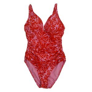 Ellen Tracy One-Piece Swimsuit Size 8 Pink Red Tropical Floral Ruched V-Neck.